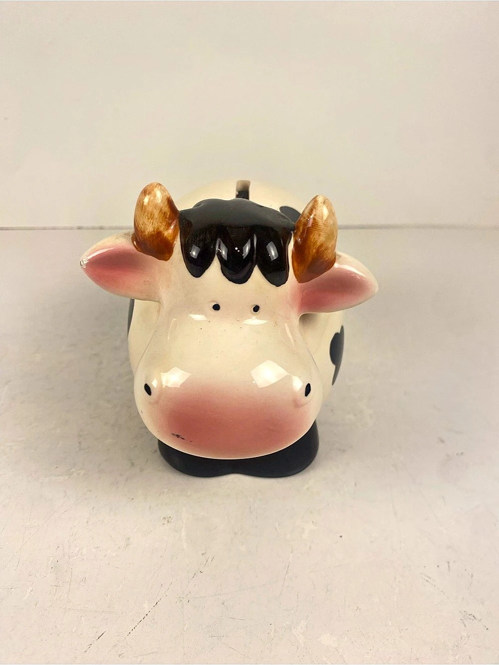 Ceramic Cow Coin Bank In White, Black & Pink 4.5”x6”